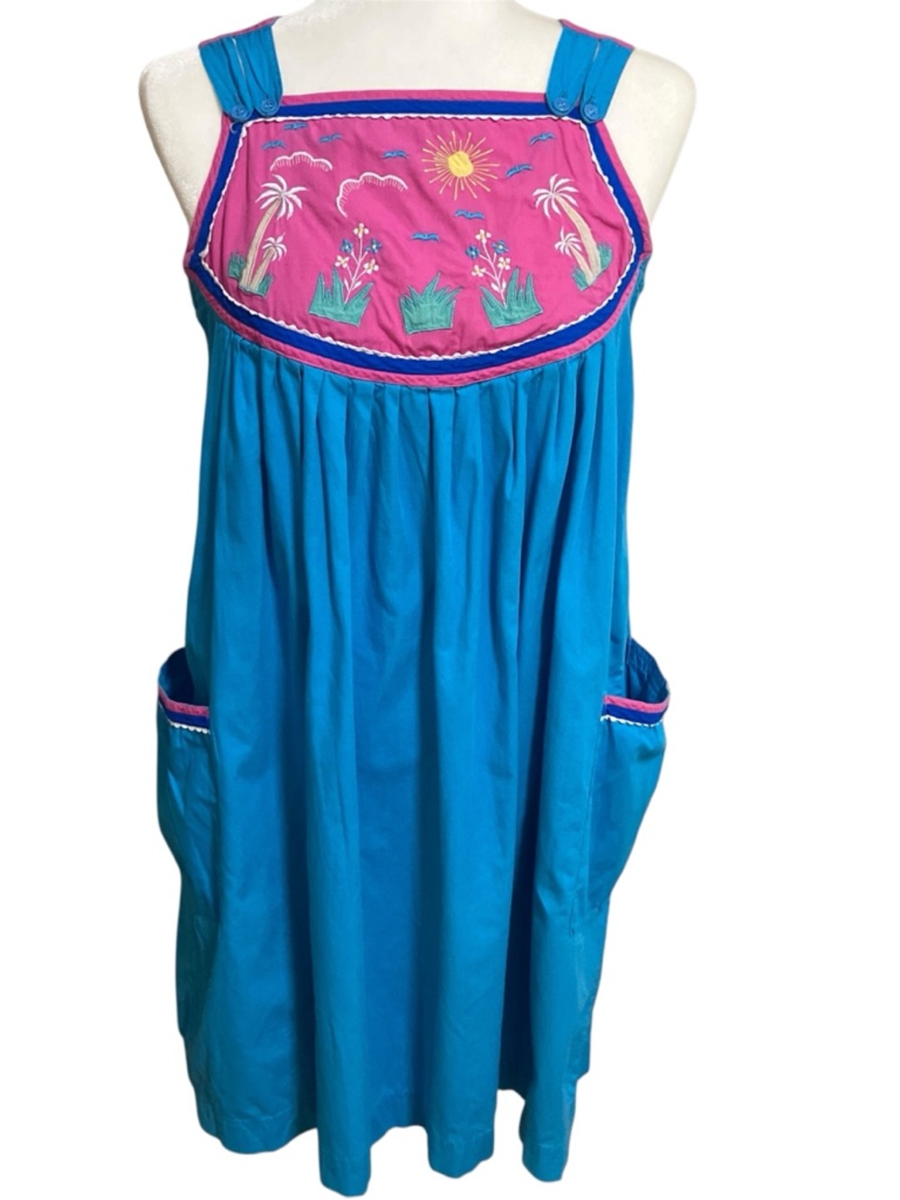 Vintage Turquoise Sundress with Pink Embroidered Yoke